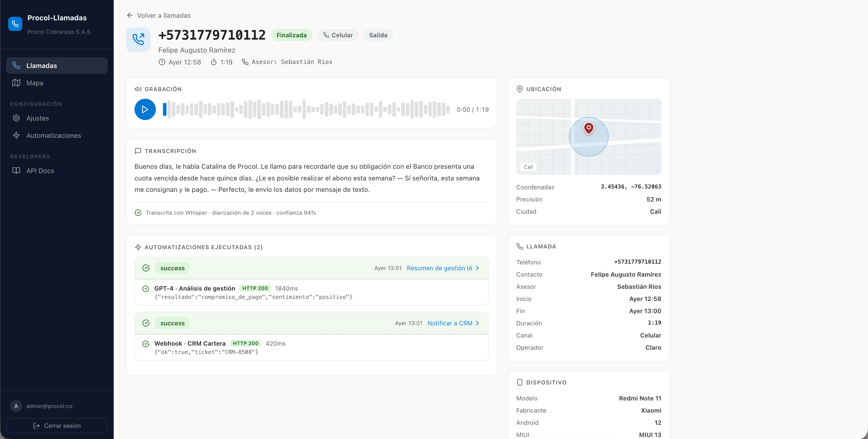 Procol Llamadas, Dashboard